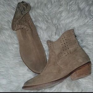 Perforated Tan Suede Heeled Boots